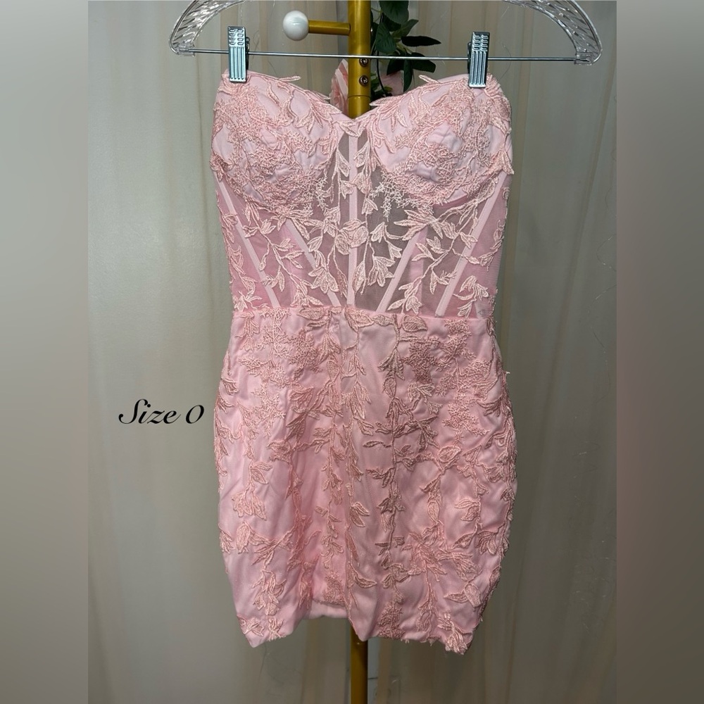 Pink Floral Lace Corset Strapless Mini Dress Size 0 - Picture 2 of 3